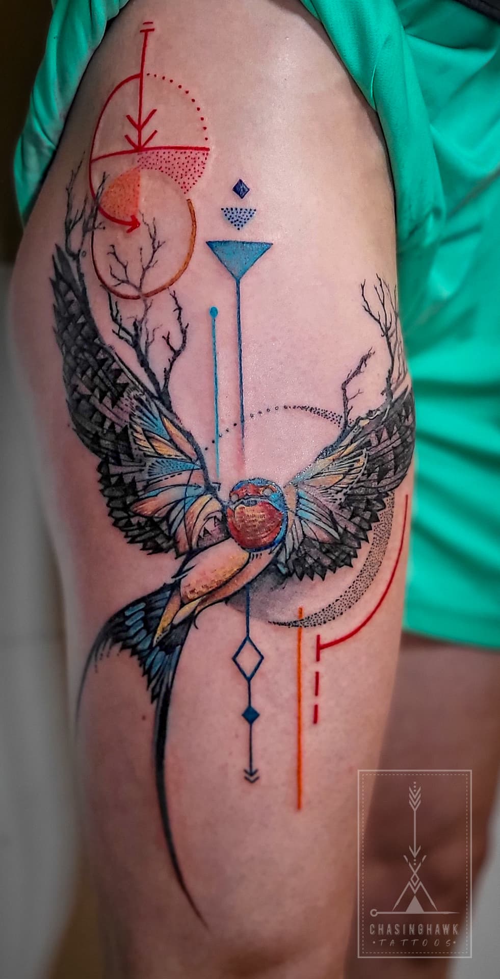 Tree & Bird Geometric — Geometric tattoo by Chasinghawk Tattoos