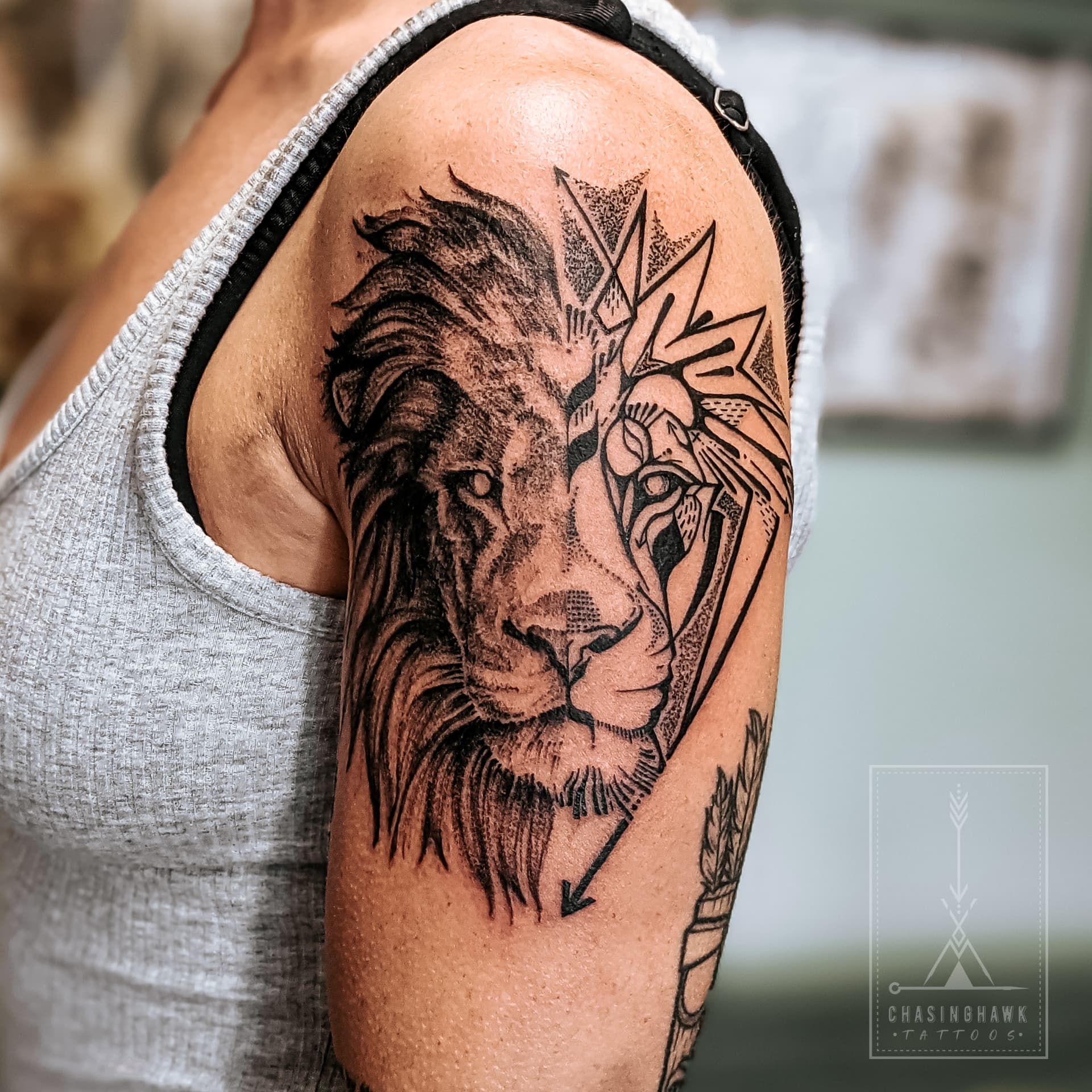 Lion Half & Half — Black & Grey tattoo by Chasinghawk Tattoos