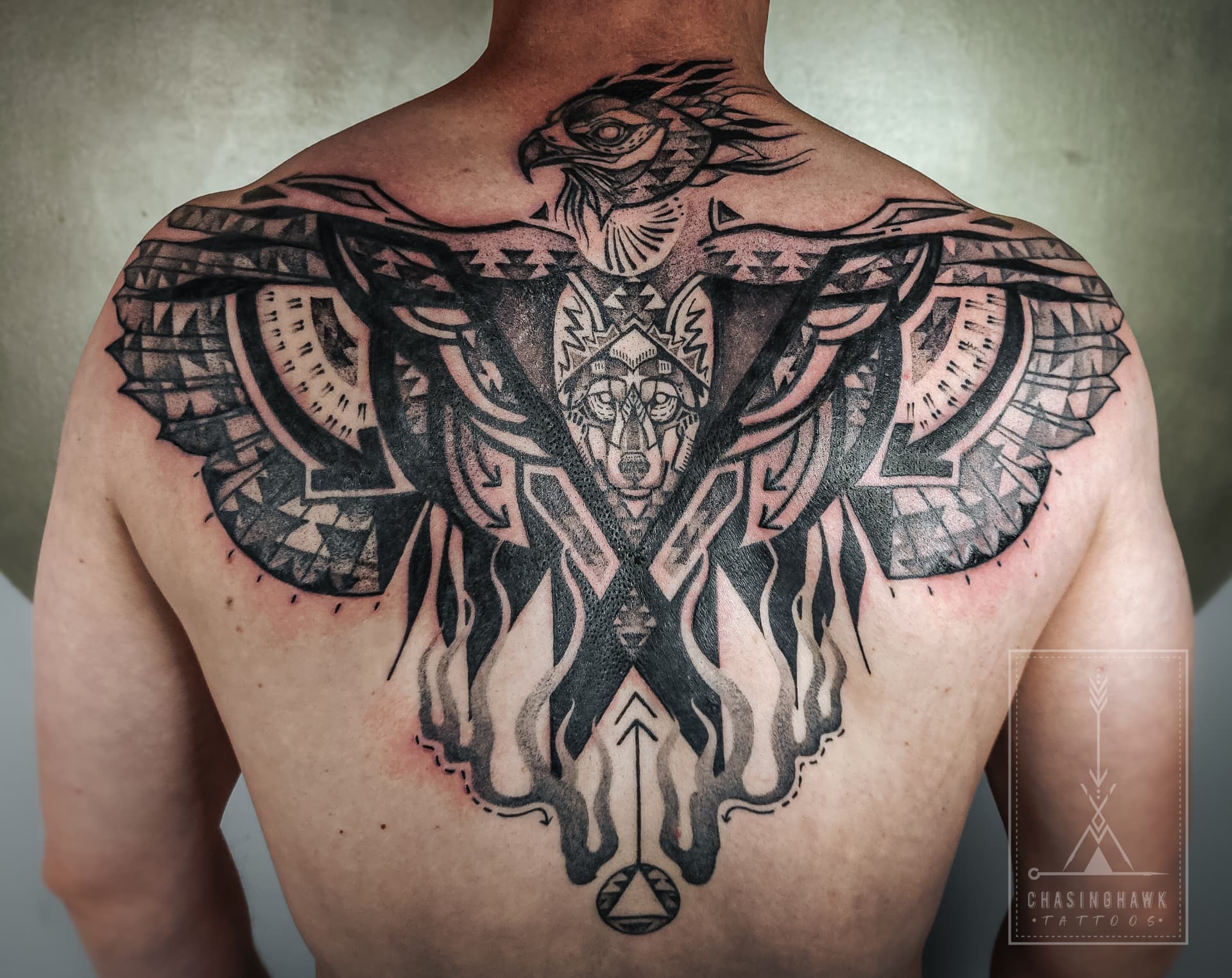 Healing Phoenix & Wolf — Neo-Indigenous tattoo by Chasinghawk Tattoos